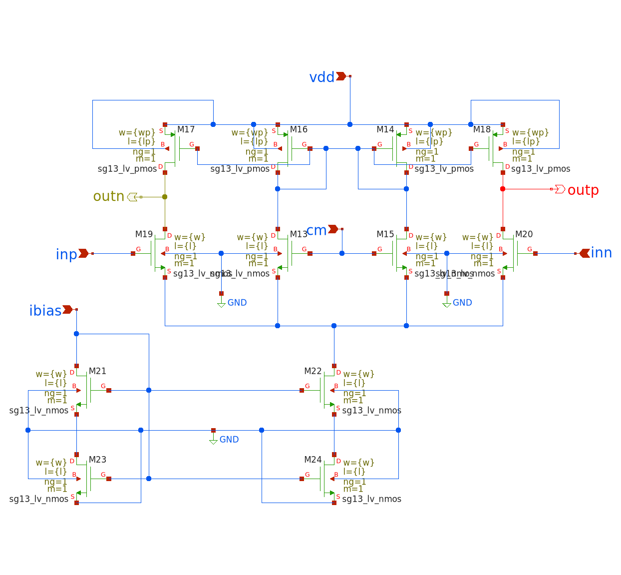 OTA design implemented in Xschem for gm-C filter integration.